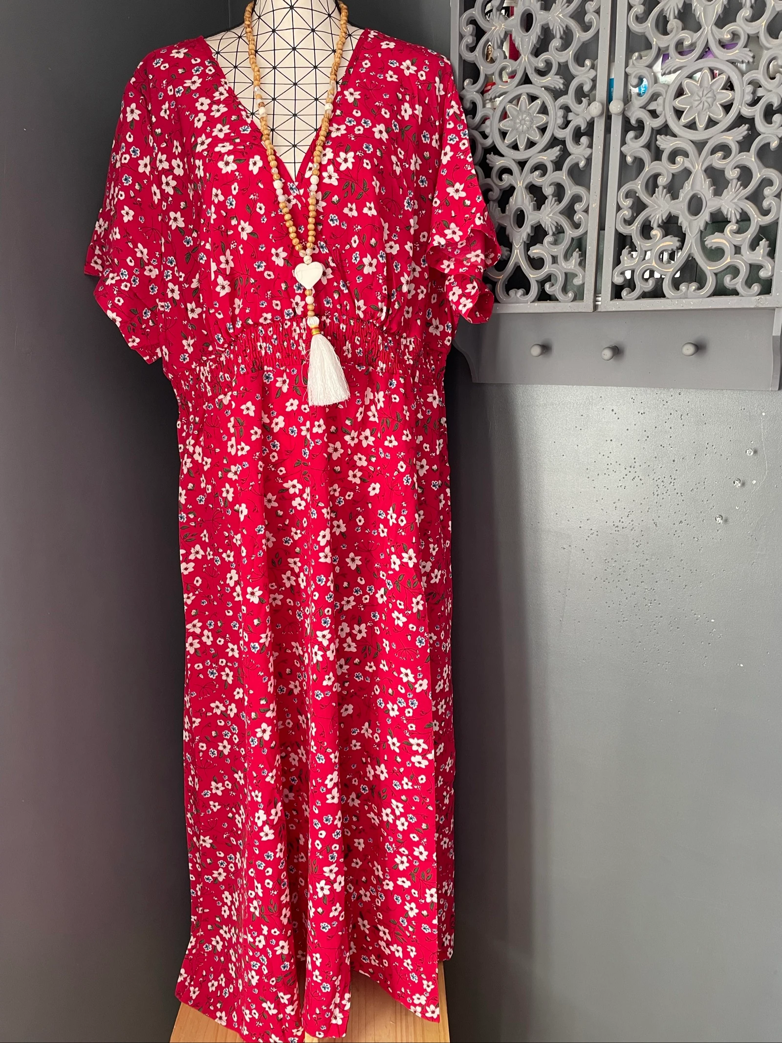 💖 robe longue rouge fleurie grande taille 54 fluide bohème manches volantées été 💖 – photo 5